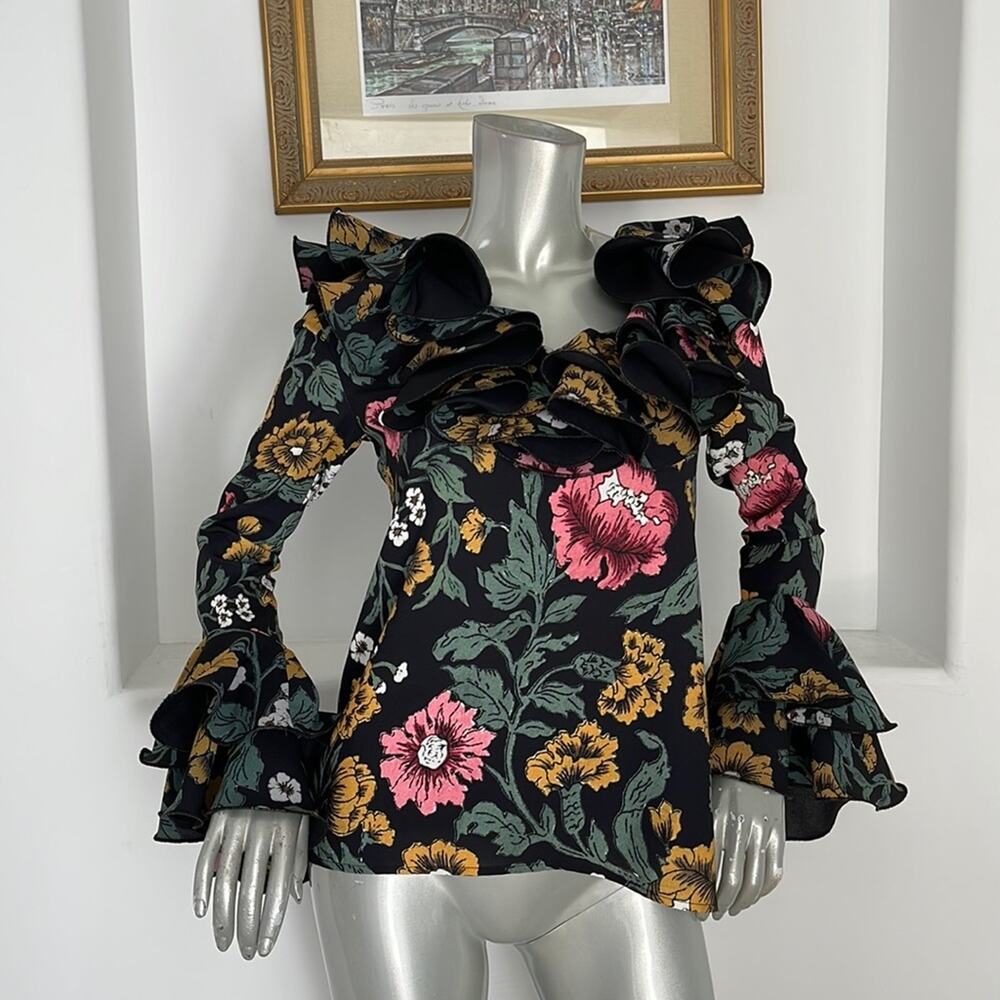 C/MEO Collective XXS Floral Ruffle Statement Top Bell Sleeve Black NWOT